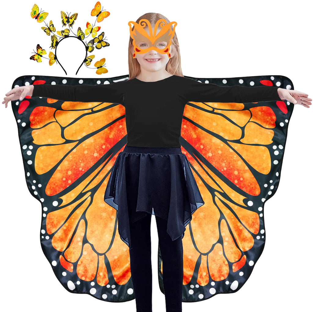 D.Q.Z Double-Sided Fairy Butterfly-Wings Costume for Girls Kids Dress-Up Halloween Costumes Mask Headband as Gifts (Orange)